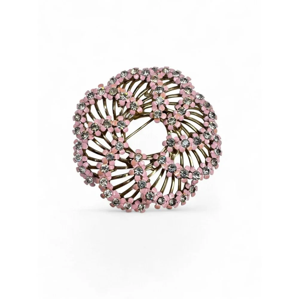 Vintage Pink Enamel Clear Rhinestone Floral Brooch Clip On Earrings Set - Picture 2 of 11